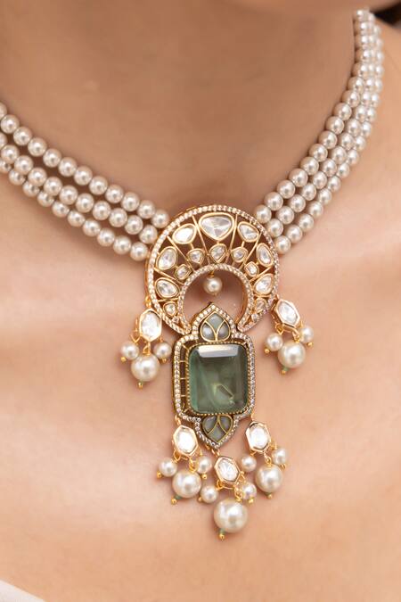 Shop Joules by Radhika Green Pearls, Stones Saesha Designer Necklace Set at Aza Fashions Shop_Joules by Radhika_Green Pearls, Stones Saesha Designer Necklace Set_at_Aza_Fashions