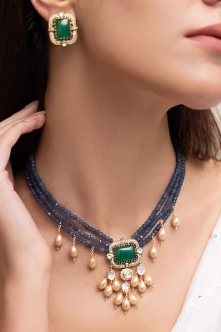 Joules By Radhika Blue Pearls, Stones Kimaya Necklace Set 