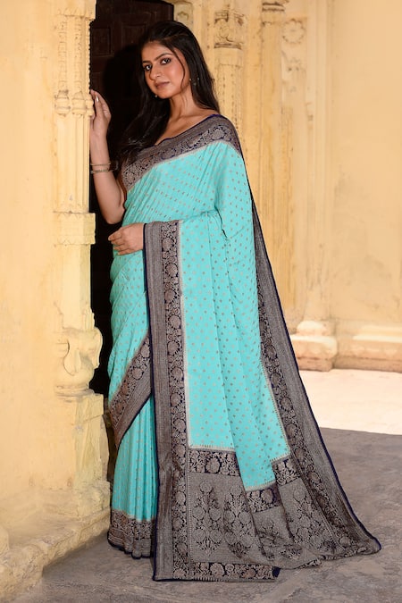 Shop_Naaritva India_Blue Crepe, Chiffon, Silk Zari Hand Woven Banarasi Saree With Running Blouse _Online_at_Aza_Fashions