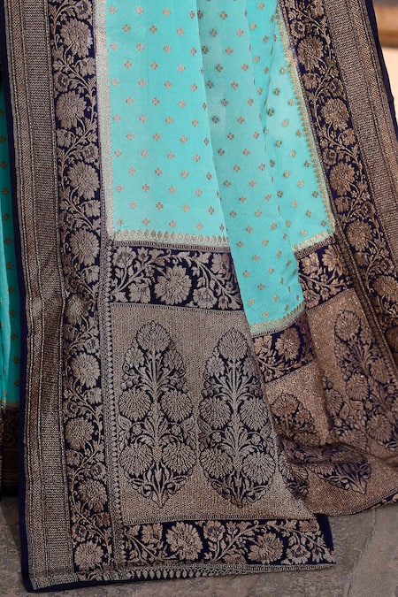 Naaritva India_Blue Crepe, Chiffon, Silk Zari Hand Woven Banarasi Saree With Running Blouse _at_Aza_Fashions