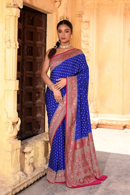 Naaritva India Royal Blue Hand Woven Saree With Blouse 