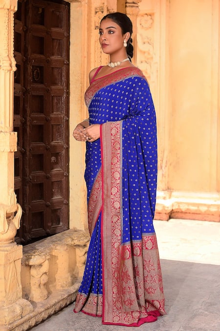Naaritva India Blue Crepe Zari Royal Hand Woven Banarasi Saree With Running Blouse Online at Aza Fashions Naaritva India_Blue Crepe Zari Royal Hand Woven Banarasi Saree With Running Blouse _Online_at_Aza_Fashions