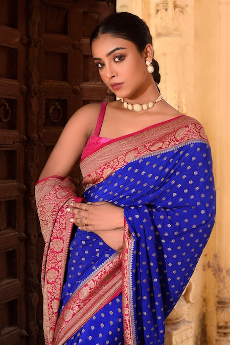 Buy_Naaritva India_Blue Crepe Zari Royal Hand Woven Banarasi Saree With Running Blouse _Online_at_Aza_Fashions