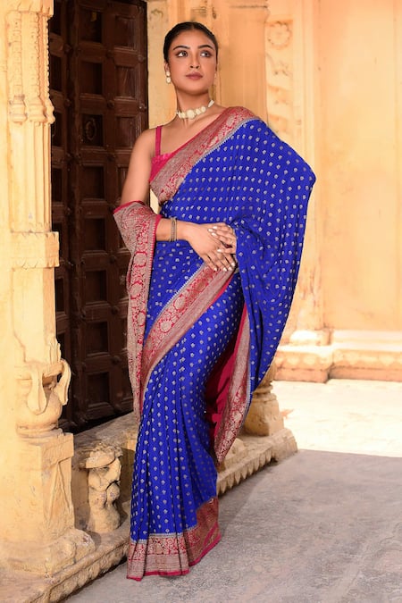 Shop_Naaritva India_Blue Crepe Zari Royal Hand Woven Banarasi Saree With Running Blouse _Online_at_Aza_Fashions