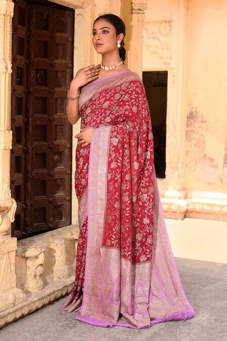 Naaritva India_Maroon Crepe, Chiffon, Silk Zari Hand Woven Banarasi Saree With Running Blouse _Online_at_Aza_Fashions