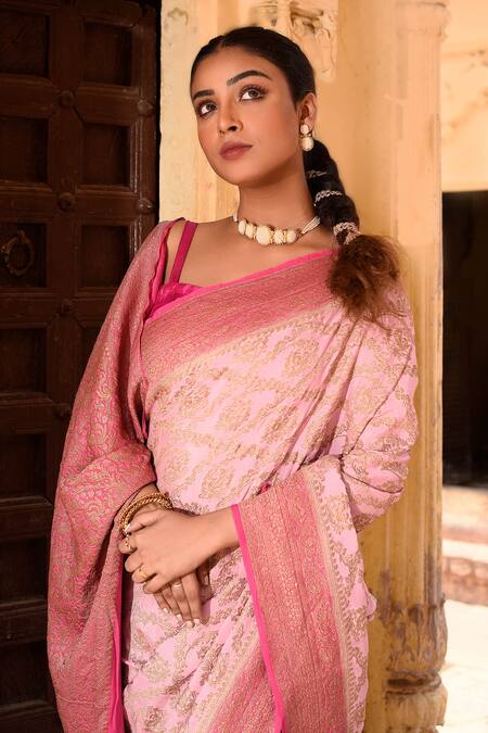 Shop_Naaritva India_Pink Chiffon, Silk Zari Hand Woven Pastel Banarasi Saree With Running Blouse _Online_at_Aza_Fashions