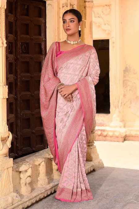 Naaritva India_Pink Chiffon, Silk Zari Hand Woven Pastel Banarasi Saree With Running Blouse _at_Aza_Fashions
