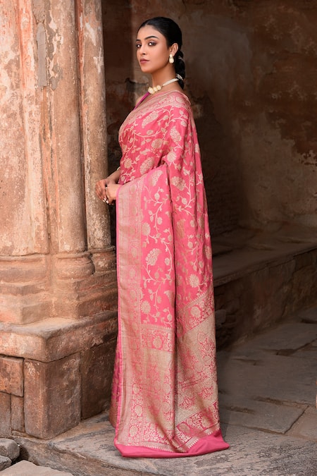 Buy_Naaritva India_Pink Crepe, Chiffon, Silk Hand Woven Hot Banarasi Saree With Running Blouse _Online_at_Aza_Fashions
