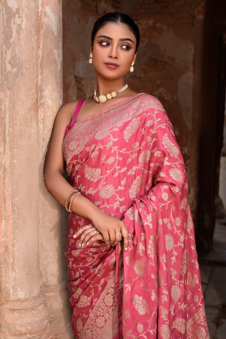 Shop_Naaritva India_Pink Crepe, Chiffon, Silk Hand Woven Hot Banarasi Saree With Running Blouse _Online_at_Aza_Fashions