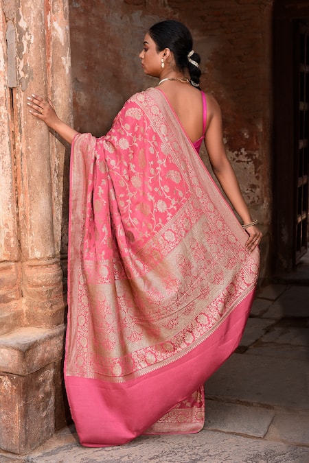 Shop_Naaritva India_Pink Crepe, Chiffon, Silk Hand Woven Hot Banarasi Saree With Running Blouse _at_Aza_Fashions