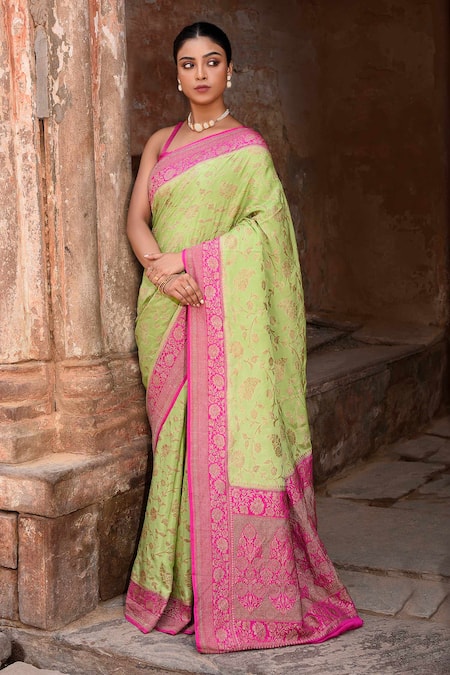 Naaritva India Green Crepe, Chiffon Zari Hand Woven Grass Banarasi Saree With Running Blouse 
