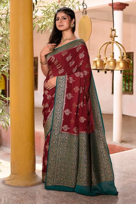 Buy_Naaritva India_Maroon Crepe Zari Hand Woven Cocoa Brown Banarasi Saree With Running Blouse _Online_at_Aza_Fashions