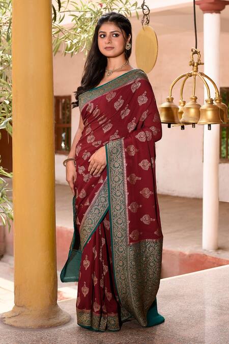 Shop_Naaritva India_Maroon Crepe Zari Hand Woven Cocoa Brown Banarasi Saree With Running Blouse _Online_at_Aza_Fashions