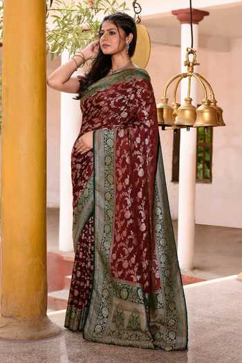 Buy_Naaritva Banaras_Brown Crepe Zari Hand Woven Banarasi Saree With Running Blouse _Online_at_Aza_Fashions