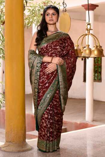 Shop_Naaritva Banaras_Brown Crepe Zari Hand Woven Banarasi Saree With Running Blouse _Online_at_Aza_Fashions