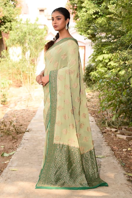 Buy_Naaritva India_Green Crepe Zari Hand Woven Light Pista Banarasi Saree With Running Blouse _Online_at_Aza_Fashions