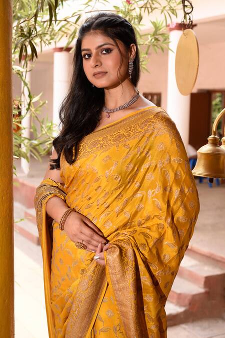 Buy_Naaritva India_Yellow Crepe, Silk, Designer Hand Woven Banarasi Saree With Running Blouse _Online_at_Aza_Fashions