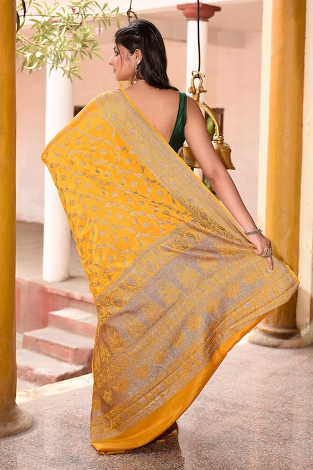 Shop_Naaritva India_Yellow Crepe, Silk, Designer Hand Woven Banarasi Saree With Running Blouse _at_Aza_Fashions