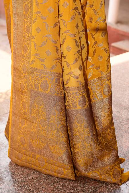Naaritva India_Yellow Crepe, Silk, Designer Hand Woven Banarasi Saree With Running Blouse _at_Aza_Fashions