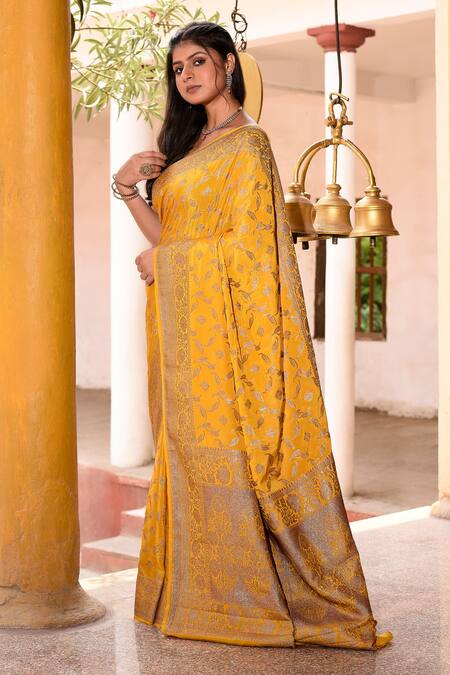 Buy_Naaritva India_Yellow Crepe, Silk, Designer Hand Woven Banarasi Saree With Running Blouse 