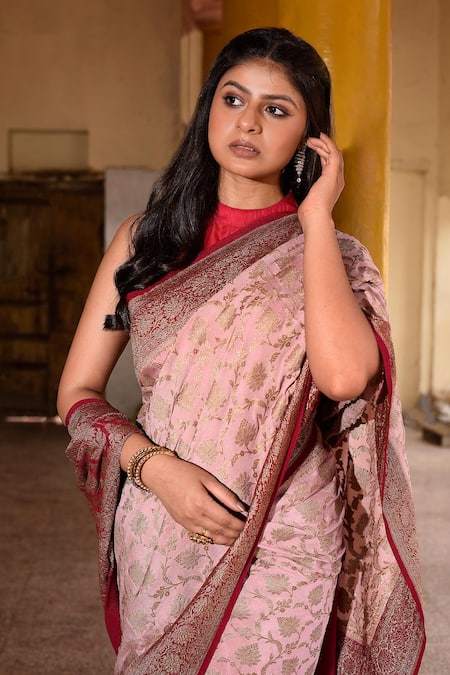 Shop_Naaritva India_Pink Crepe, Chiffon Zari Hand Woven Banarasi Saree With Running Blouse _Online_at_Aza_Fashions