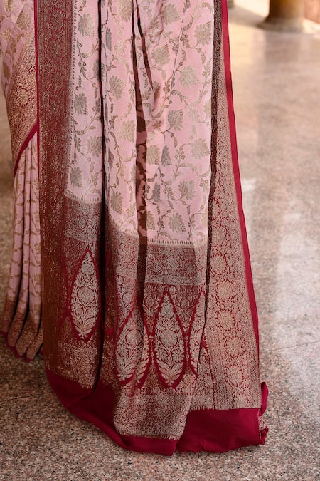 Naaritva India_Pink Crepe, Chiffon Zari Hand Woven Banarasi Saree With Running Blouse _at_Aza_Fashions
