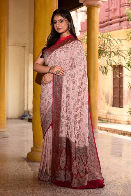 Buy_Naaritva India_Pink Crepe, Chiffon Zari Hand Woven Banarasi Saree With Running Blouse 