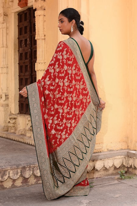 Naaritva India Red Hand Woven Banarasi Saree With Running Blouse 