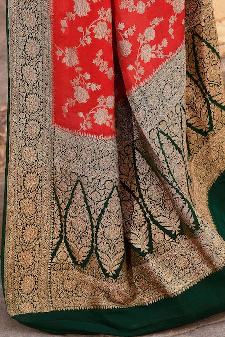 Naaritva India Red Crepe, Chiffon, Silk Zari Hand Woven Banarasi Saree With Running Blouse at Aza Fashions Naaritva India_Red Crepe, Chiffon, Silk Zari Hand Woven Banarasi Saree With Running Blouse_at_Aza_Fashions