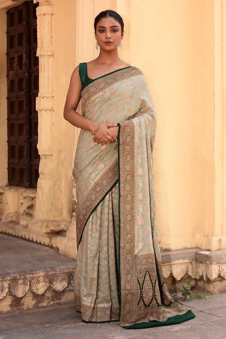 Naaritva India Hand Woven Banarasi Light Olive Green Saree With Running Blouse 