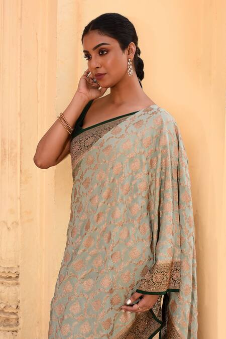 Shop_Naaritva India_Olive Green Chiffon Zari Hand Woven Banarasi Light Saree With Running Blouse _Online_at_Aza_Fashions