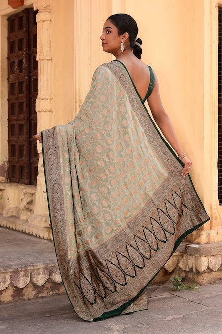 Naaritva India Hand Woven Banarasi Light Olive Green Saree With Running Blouse 