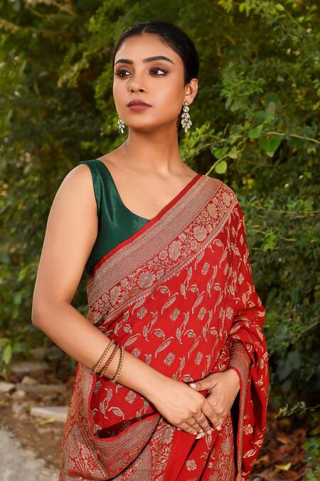 Buy_Naaritva India_Red Crepe, Chiffon, Silk Zari Hand Woven Banarasi Saree With Running Blouse _Online_at_Aza_Fashions
