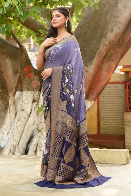 Shop_Naaritva India_Navy Chiffon Zari Blue Hand Woven Banarasi Saree With Running Blouse _Online_at_Aza_Fashions