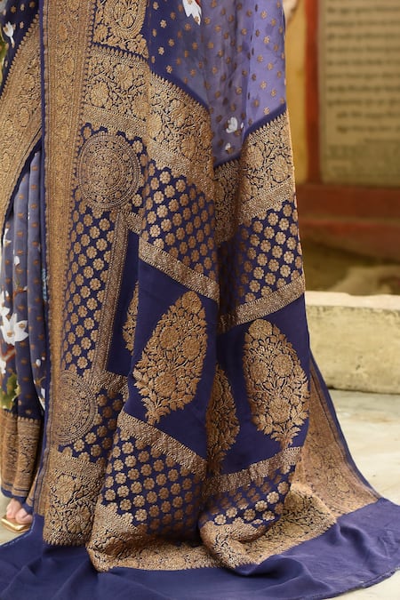 Naaritva India_Navy Chiffon Zari Blue Hand Woven Banarasi Saree With Running Blouse _at_Aza_Fashions