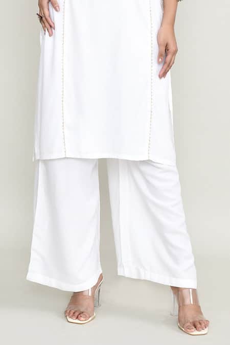 Buy_Abbaran_White Rayon Embroidery Round Neck Kurta Set _Online_at_Aza_Fashions