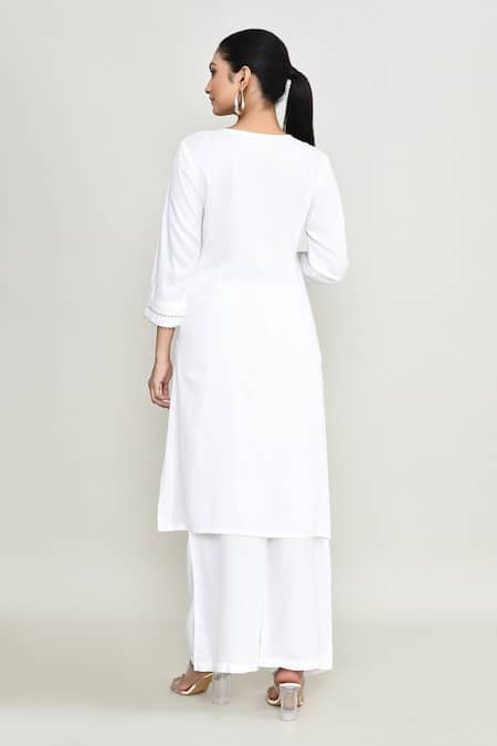 Shop_Abbaran_White Rayon Embroidery Round Neck Kurta Set _at_Aza_Fashions