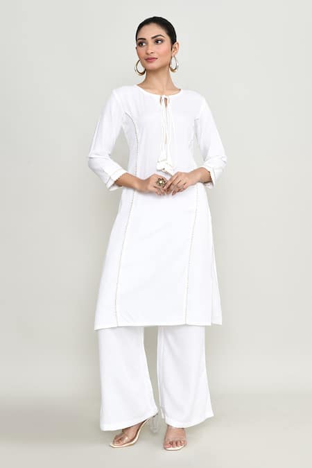 Shop_Abbaran_White Rayon Embroidery Round Neck Kurta Set _Online_at_Aza_Fashions