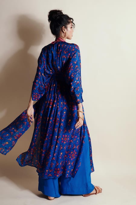 Style Junkiie Floral Print Blue Duster Dress 