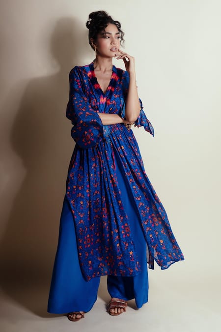 Style Junkiie_Blue Chinon Embroidery V-neck Floral Print Duster Dress _Online_at_Aza_Fashions
