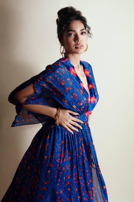 Buy_Style Junkiie_Blue Chinon Embroidery V-neck Floral Print Duster Dress _Online_at_Aza_Fashions