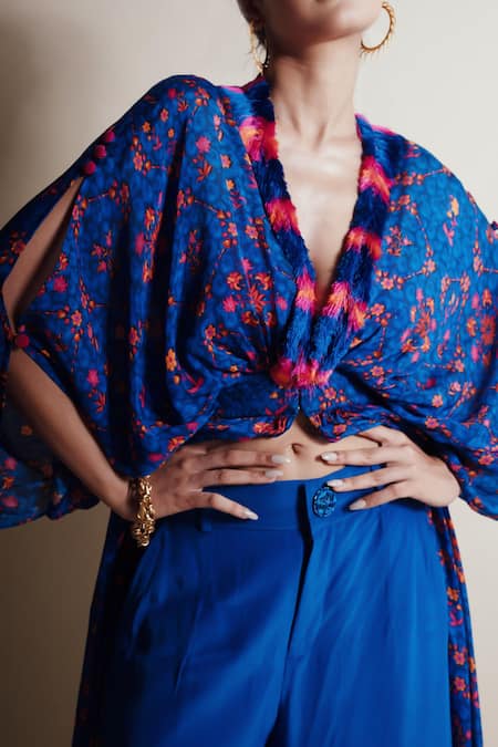 Shop_Style Junkiie_Blue Chinon Embroidery V-neck Floral Print Duster Dress _Online_at_Aza_Fashions