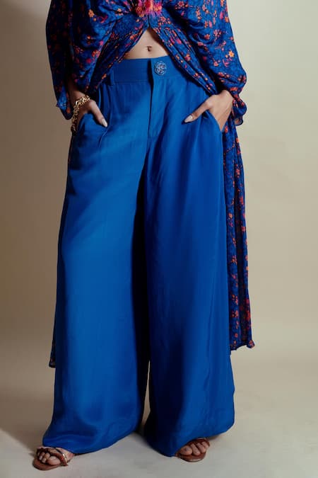 Style Junkiie_Blue Chinon Embroidery V-neck Floral Print Duster Dress _at_Aza_Fashions