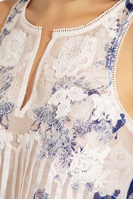 Shop_RANNA GILL_Blue Viscose Embroidery Keyhole Neck Zestio Pleated Designer Blouse_Online_at_Aza_Fashions