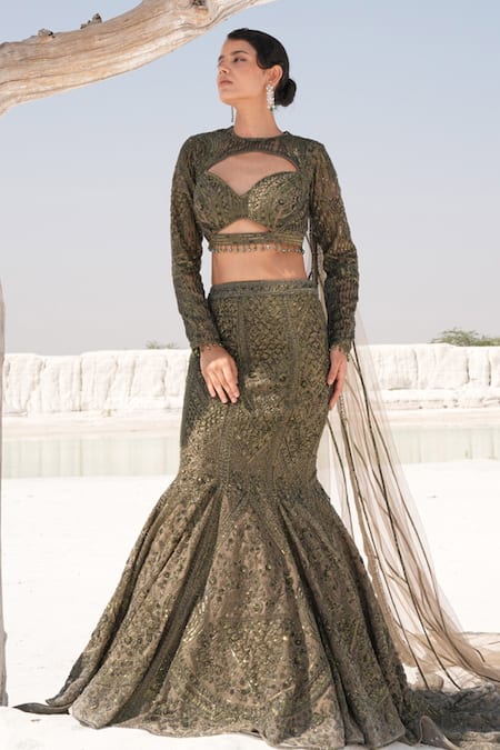 House Of Sikka Green Net Sequins, Beads Asymmetric Designer Lehenga Set 