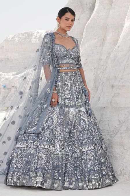 House Of Sikka Blue Net Sequins, Embroidery, Beads Round Neck Designer Ice Lehenga Set 