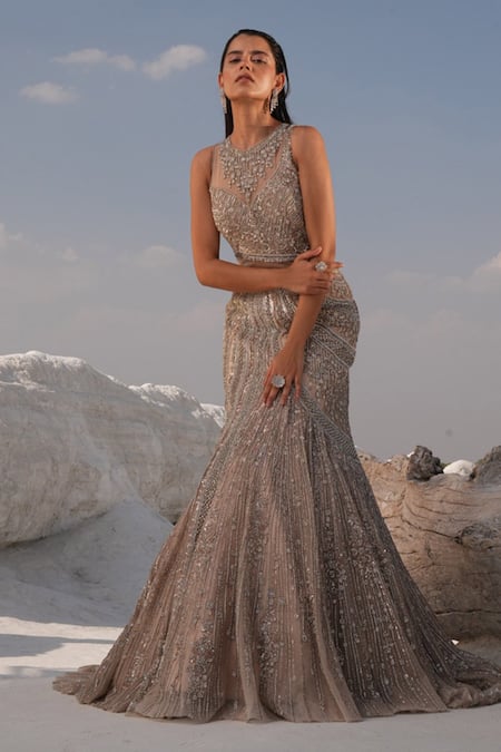 House Of Sikka Silver Net Designer Gown 