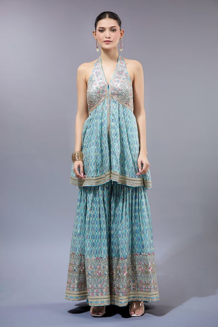 Gopi Vaid Blue Cotton, Silk, Net Sequins, Embroidery Halter Neck Kurta Sharara Set at Aza Fashions Gopi Vaid_Blue Cotton, Silk, Net Sequins, Embroidery Halter Neck Kurta Sharara Set _at_Aza_Fashions