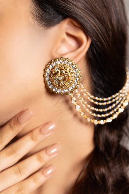 Shop Joules By Radhika Gold Plated Crystals Designer Naraya Earrings at Aza Fashions Shop_Joules By Radhika_Gold Plated Crystals Designer Naraya Earrings_at_Aza_Fashions