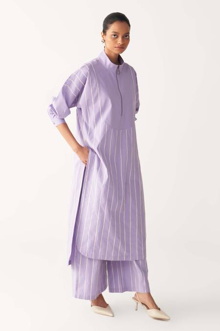 Three_Lavender Poplin, Cotton Embroidery Collared U-yoke Tunic Co-ord _Online_at_Aza_Fashions